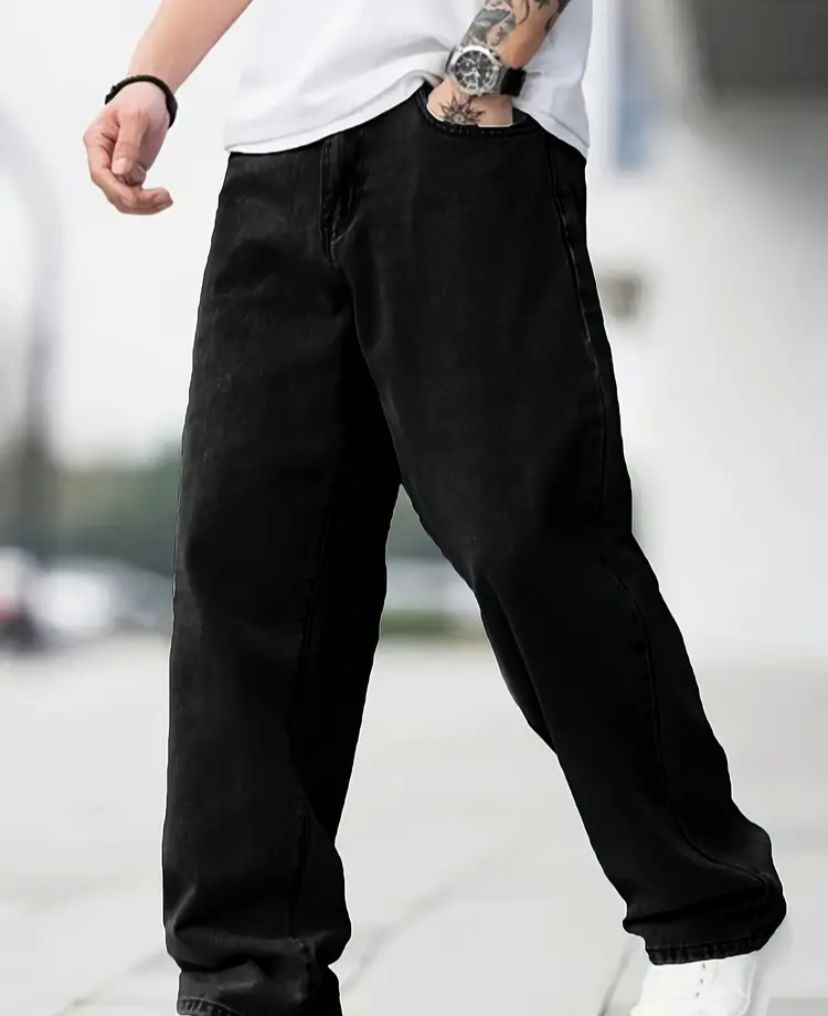 Jeans casual da uomo neri a gamba dritta - Denim lavabile in lavatrice, colore solido, vestibilità regolare, comodità per tutte le stagioni, abbigliamento comodo, design minimalista, costruzione resistente, moda minimalista